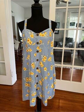 No Boundaries Blue Floral Button-Front Sundress with Yellow Flowers